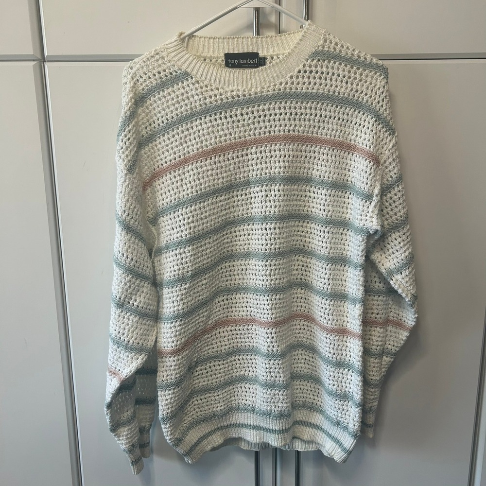 Tony Lambert Vintage Mens Medium Striped Open Knit Cotton Sweater Pastel USA